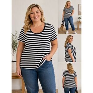Norma kamali Cotton Basic Black White Stripe Short Sleeve T Shirt Womens SZ XXL